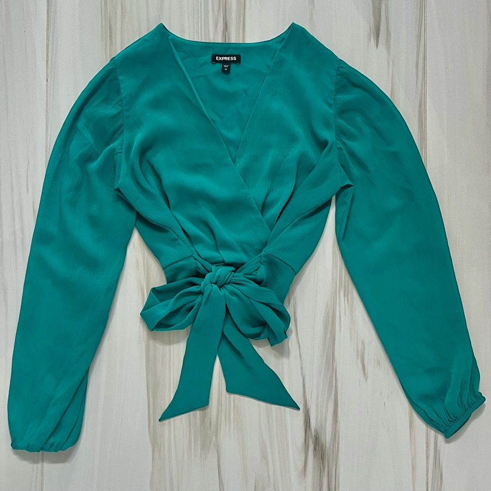 Express Women’s Blue Green Blouse with Long Puff Sleeve Waist Tie Size XS